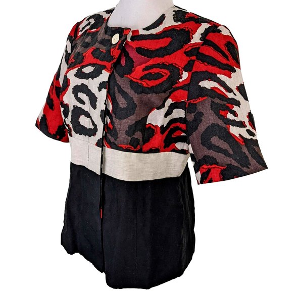 Yansi Fugel 100% Linen Red Black Size 6 Button Front Top Career Wear - Picture 1 of 8